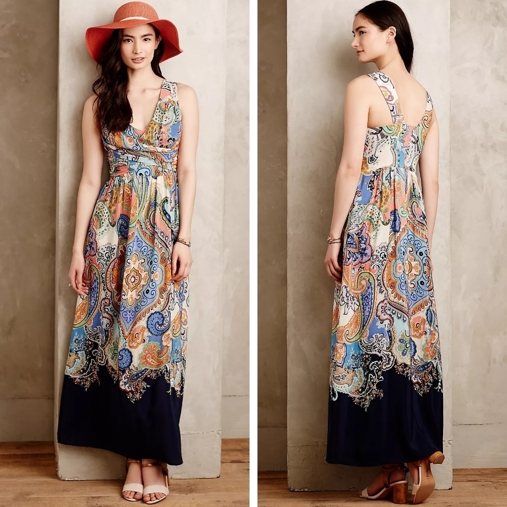 Anthropologie Maeve Vizcaya Maxi Dress navy paisley sleeveless size 10
